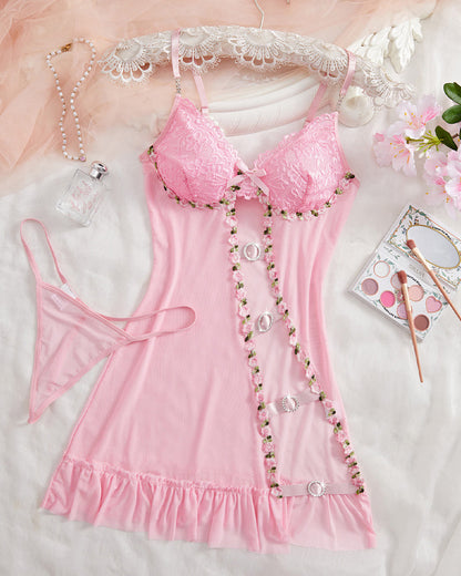 Sexy Deep V Lace Sheer Hollow Strap Nightdress