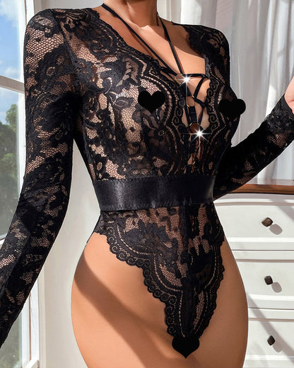 Sexy Deep V Mesh Transparent Backless Hollow Long-sleeved Open Crotch One-piece Pajamas