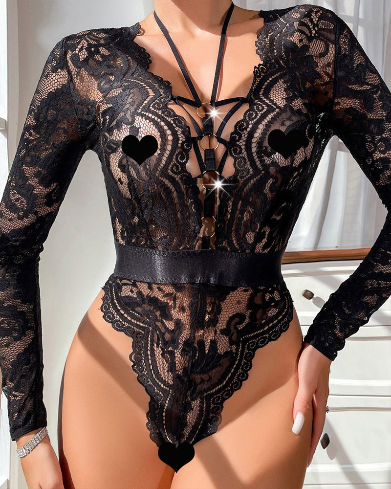 Sexy Deep V Mesh Transparent Backless Hollow Long-sleeved Open Crotch One-piece Pajamas