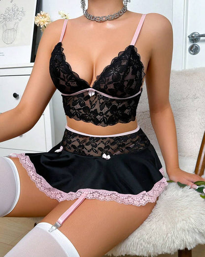 Deep V Sexy Lace Milk Silk Splicing with Stockings Pajamas Set