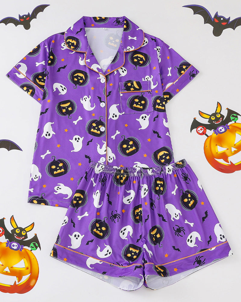 Halloween Fun Print Lapel Short-sleeved Shorts Casual Home Wear Suit