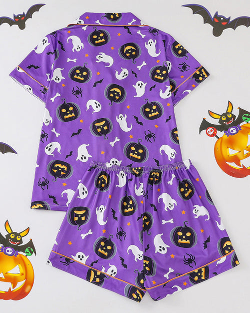 Halloween Fun Print Lapel Short-sleeved Shorts Casual Home Wear Suit