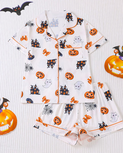 Halloween Fun Print Lapel Short-sleeved Shorts Casual Home Wear Suit