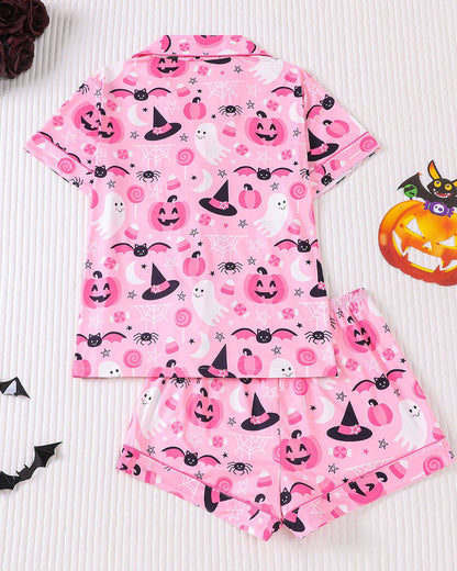 Halloween Fun Print Lapel Short-sleeved Shorts Casual Home Wear Suit