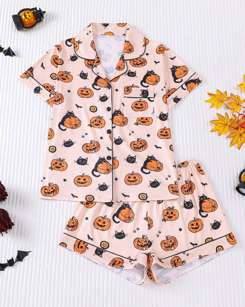 Halloween Print Lapel Short-Sleeved Shorts Casual Homewear Set