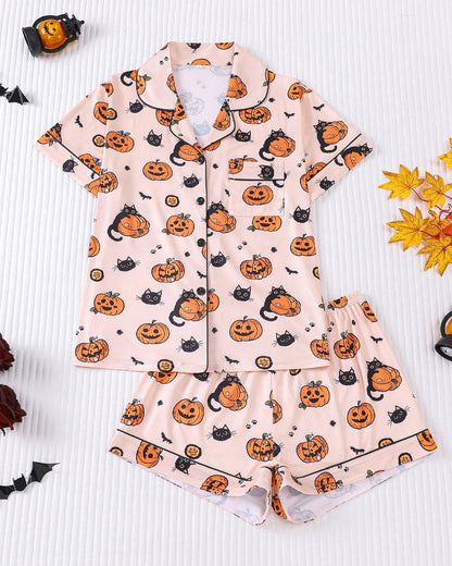 Halloween Print Lapel Short-Sleeved Shorts Casual Homewear Set