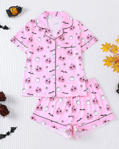 Halloween Print Lapel Short-Sleeved Shorts Casual Homewear Set