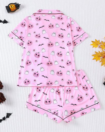 Halloween Print Lapel Short-Sleeved Shorts Casual Homewear Set