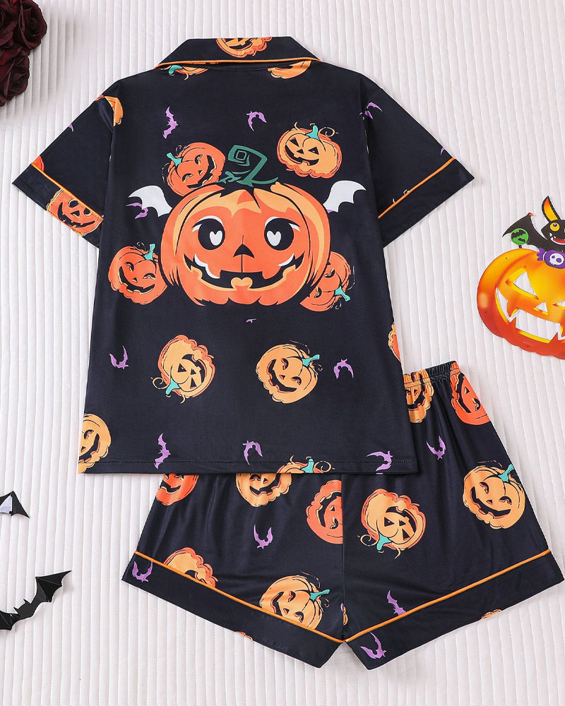 Halloween Print Lapel Short-Sleeved Shorts Casual Homewear Set