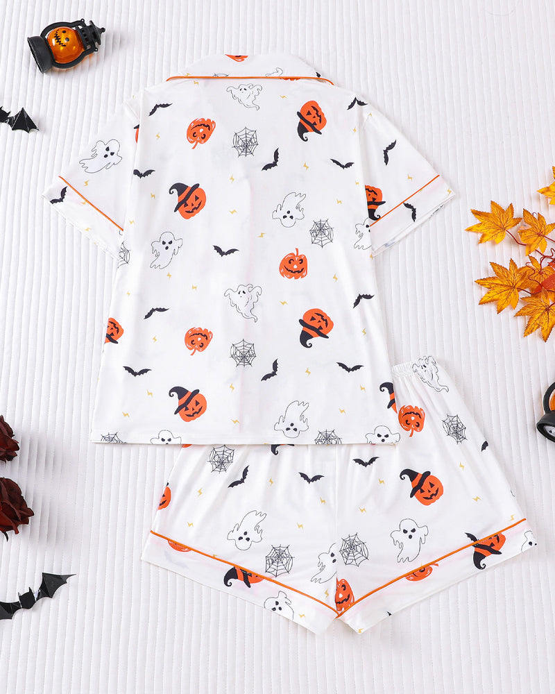 Halloween Print Lapel Short-Sleeved Shorts Casual Homewear Set