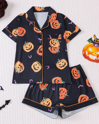 Halloween Print Lapel Short-Sleeved Shorts Casual Homewear Set