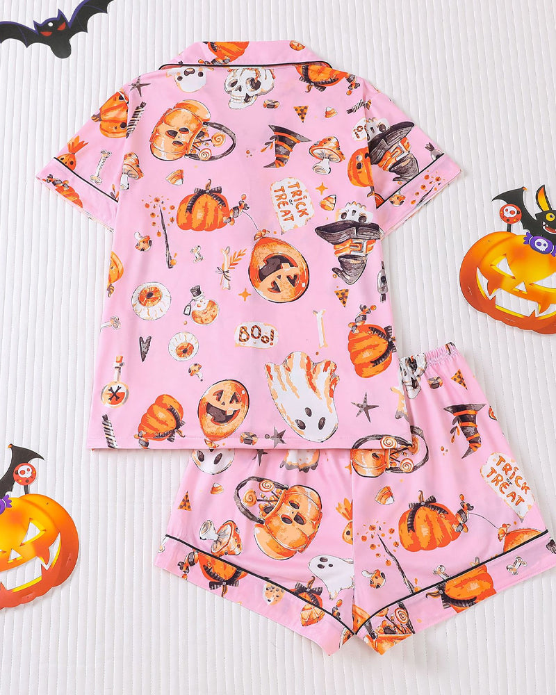 Casual Halloween Print Lapel Short-Sleeved Shorts Homewear Set
