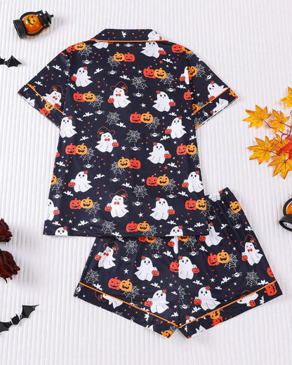 Casual Halloween Print Lapel Short-Sleeved Shorts Homewear Set