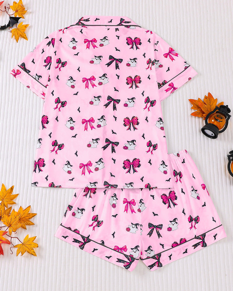 Casual Halloween Print Lapel Short-Sleeved Shorts Homewear Set