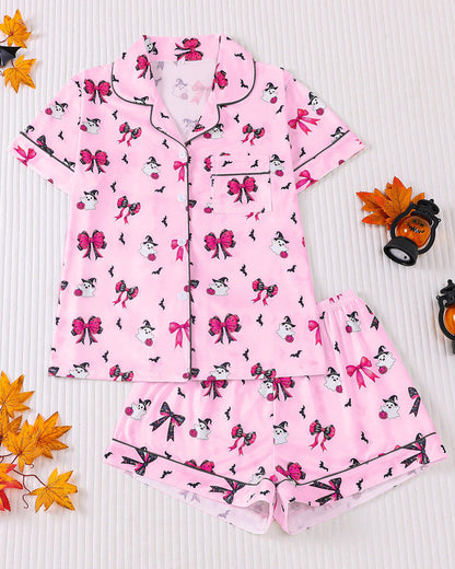 Casual Halloween Print Lapel Short-Sleeved Shorts Homewear Set