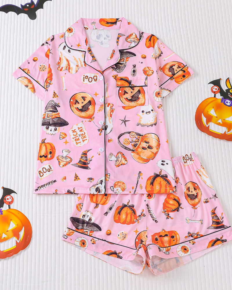 Casual Halloween Print Lapel Short-Sleeved Shorts Homewear Set