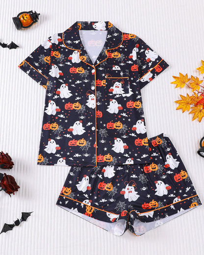 Casual Halloween Print Lapel Short-Sleeved Shorts Homewear Set