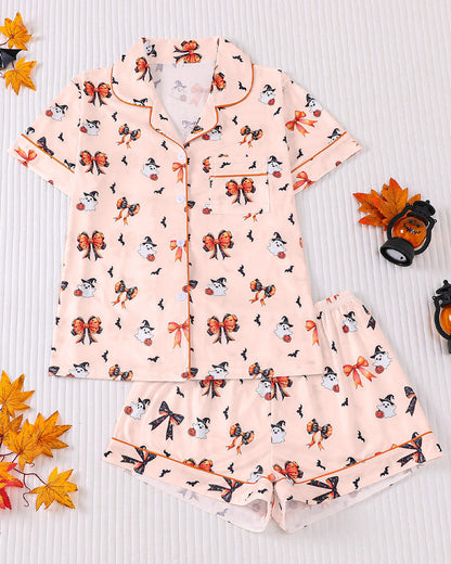 Casual Halloween Print Lapel Short-Sleeved Shorts Homewear Set