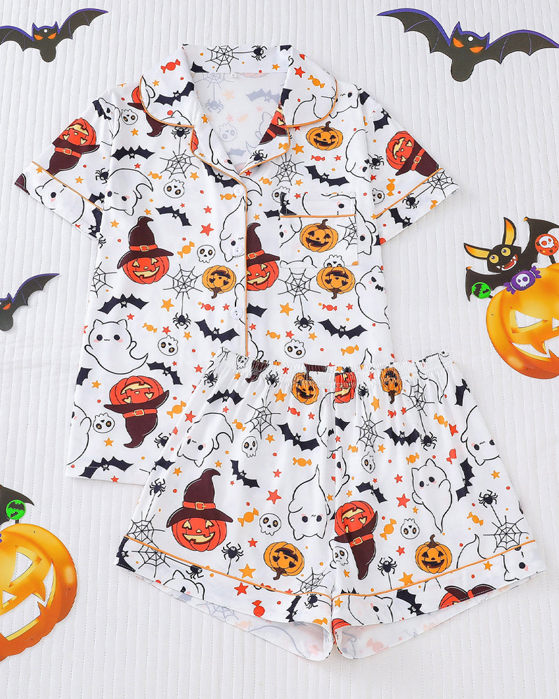 Halloween Print Lapel Short-Sleeved Shorts Homewear Set