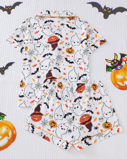 Halloween Print Lapel Short-Sleeved Shorts Homewear Set