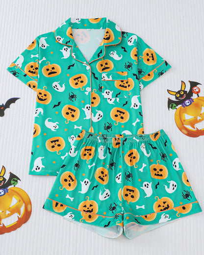 Halloween Print Lapel Short-Sleeved Shorts Homewear Set