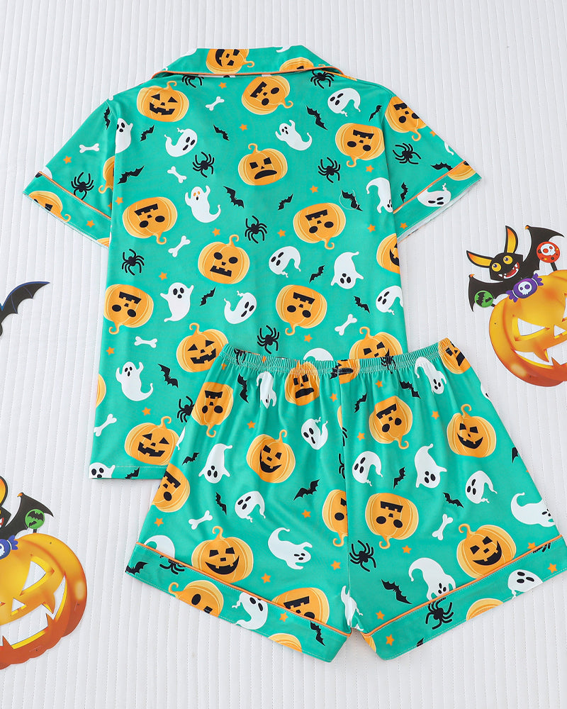 Halloween Print Lapel Short-Sleeved Shorts Homewear Set