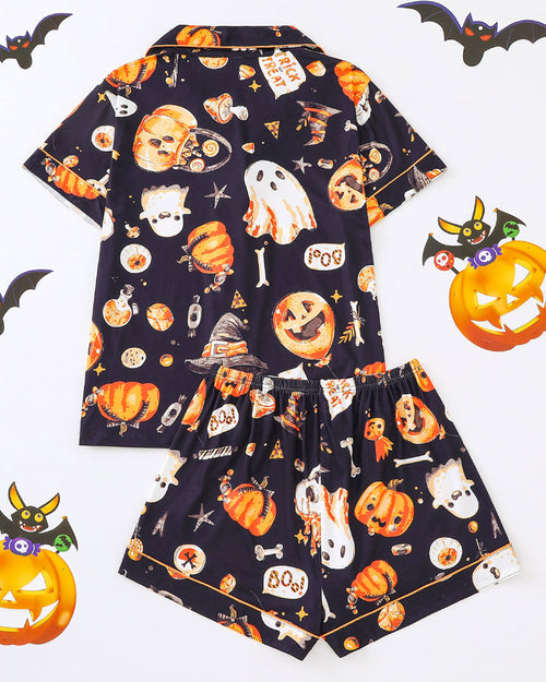 Halloween Print Lapel Short-Sleeved Shorts Homewear Set