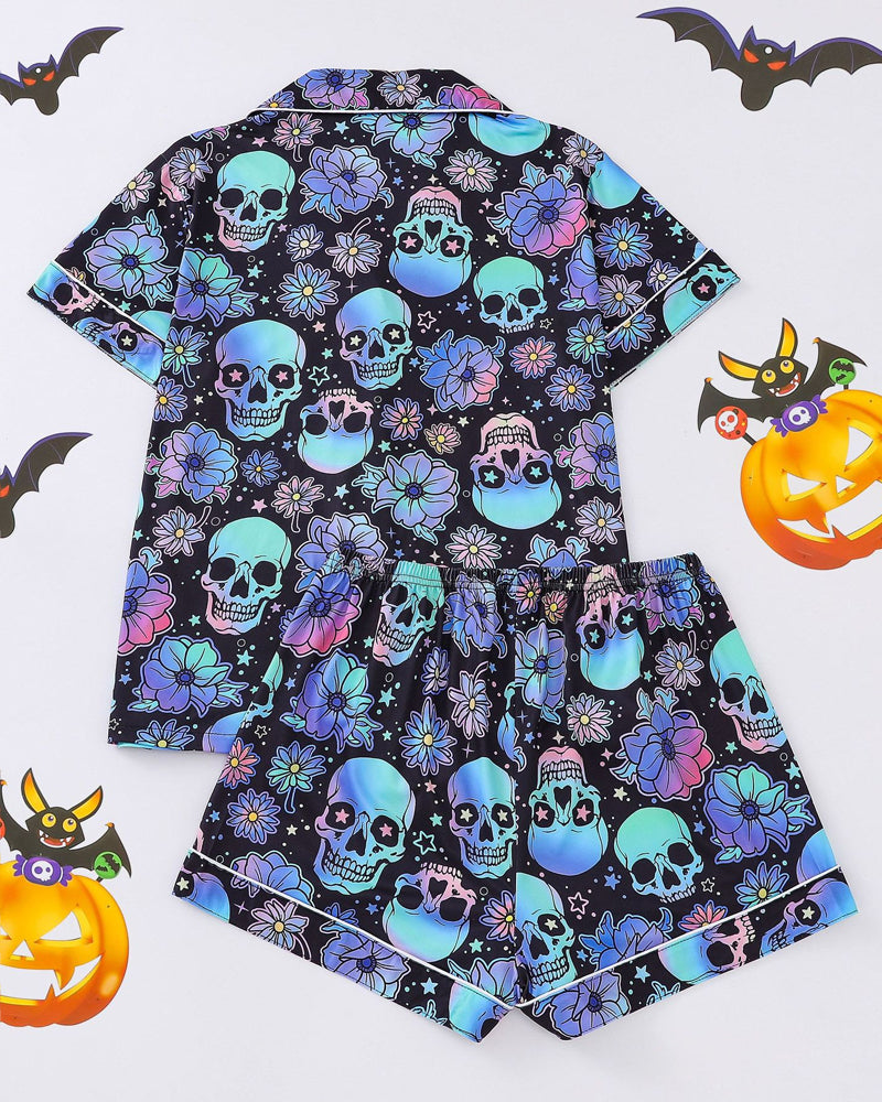 Halloween Print Lapel Short-Sleeved Shorts Homewear Set