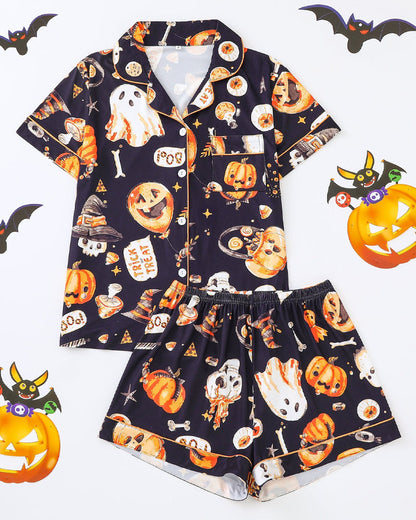 Halloween Print Lapel Short-Sleeved Shorts Homewear Set