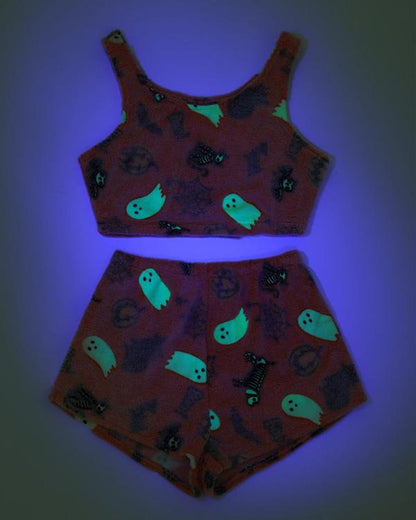 Halloween Flannel Luminous Pumpkin Ghost Print Vest and Elastic Waist Shorts Pajama Set