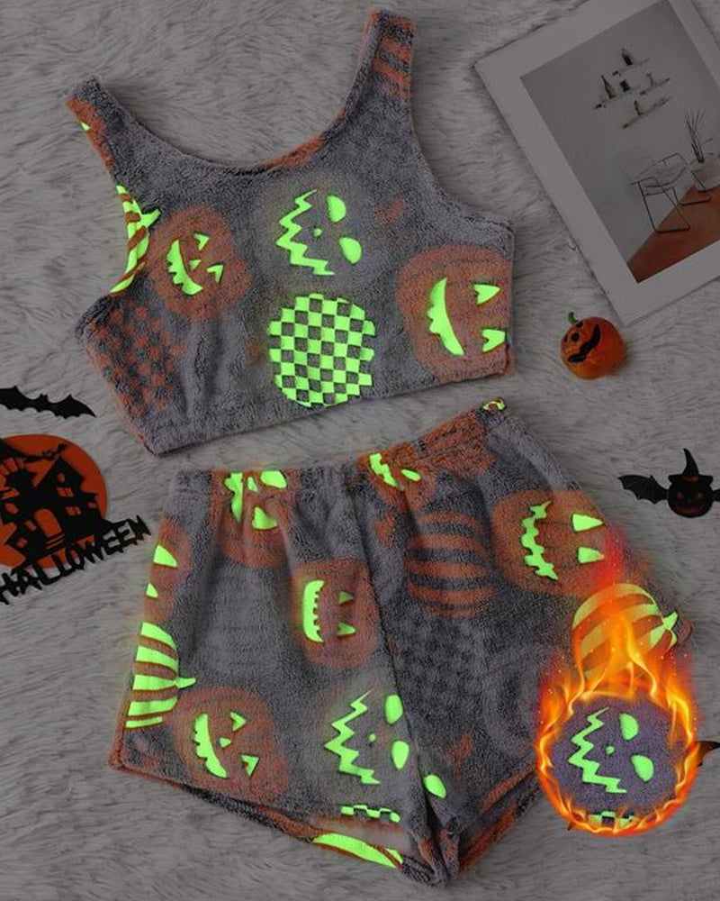 Halloween Flannel Luminous Pumpkin Ghost Print Vest and Elastic Waist Shorts Pajama Set
