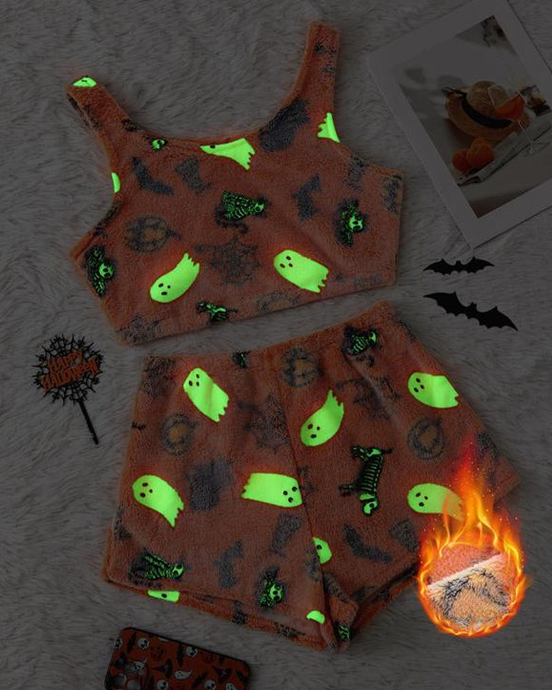 Halloween Flannel Luminous Pumpkin Ghost Print Vest and Elastic Waist Shorts Pajama Set