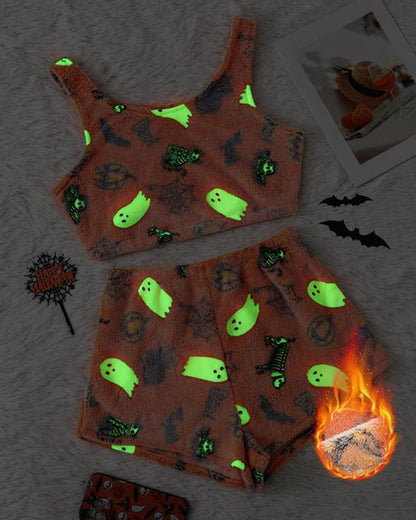 Halloween Flannel Luminous Pumpkin Ghost Print Vest and Elastic Waist Shorts Pajama Set