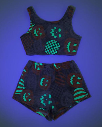 Halloween Flannel Luminous Pumpkin Ghost Print Vest and Elastic Waist Shorts Pajama Set