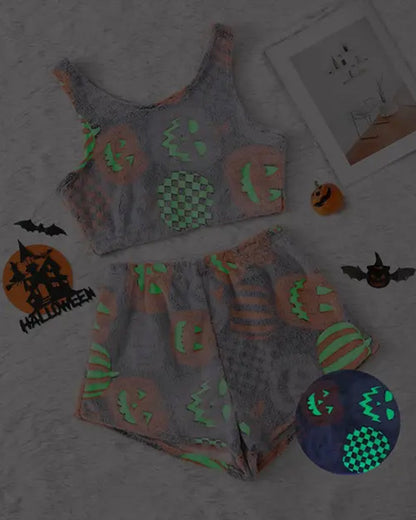 Halloween Flannel Luminous Pumpkin Ghost Print Vest and Elastic Waist Shorts Pajama Set
