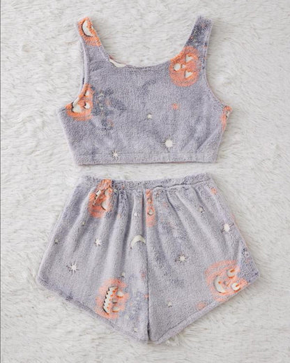 Halloween Flannel Luminous Pumpkin Ghost Print Vest and Elastic Waist Shorts Pajama Set
