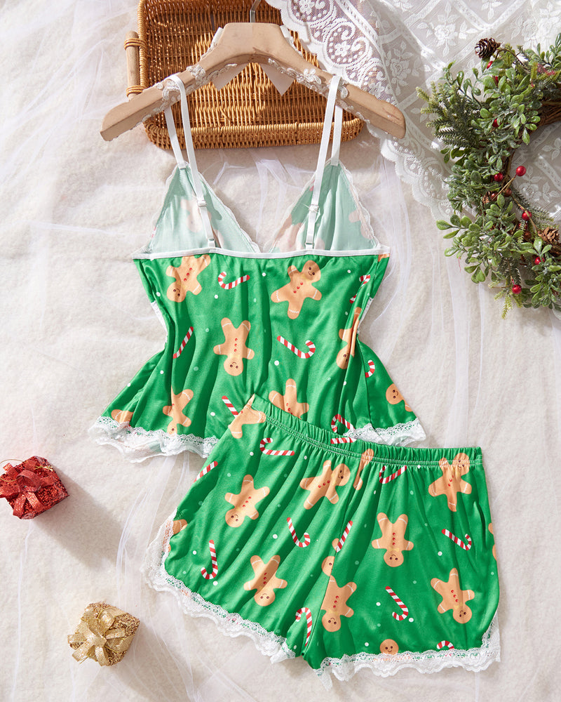 Sexy Halloween Print Lace Suspender and Shorts Loungewear Set