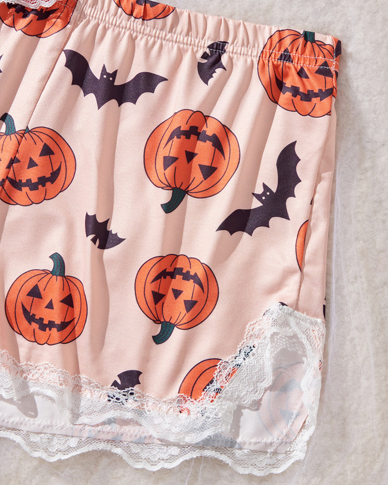 Sexy Halloween Print Lace Suspender and Shorts Loungewear Set