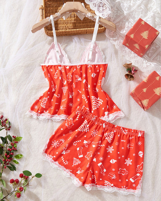 Sexy Halloween Print Lace Suspender and Shorts Loungewear Set