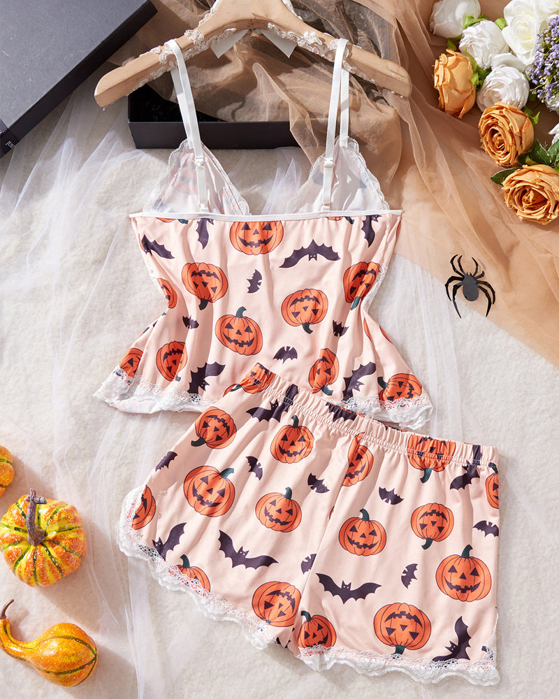Sexy Halloween Print Lace Suspender and Shorts Loungewear Set