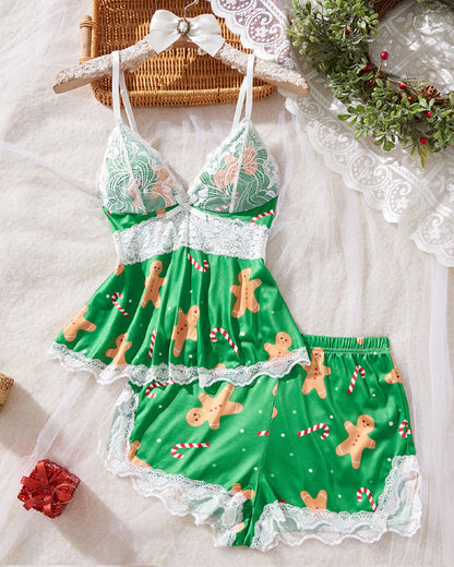 Sexy Halloween Print Lace Suspender and Shorts Loungewear Set