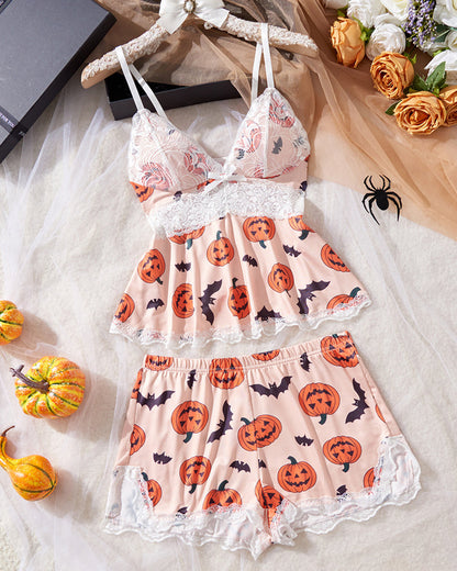 Sexy Halloween Print Lace Suspender and Shorts Loungewear Set