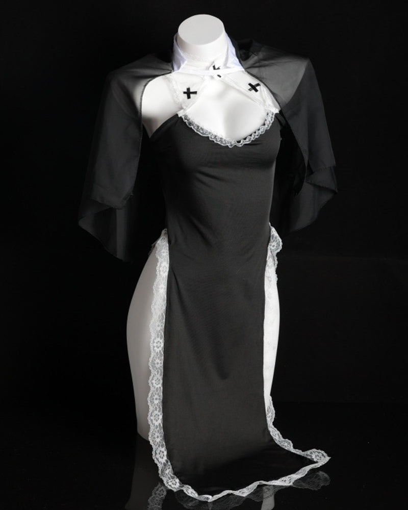 Halloween Sexy Nun Costume Role Play Hollow Slit Long Dress with Stockings Set