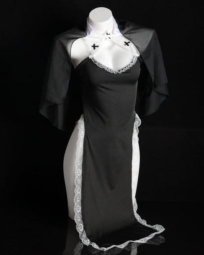 Halloween Sexy Nun Costume Role Play Hollow Slit Long Dress with Stockings Set