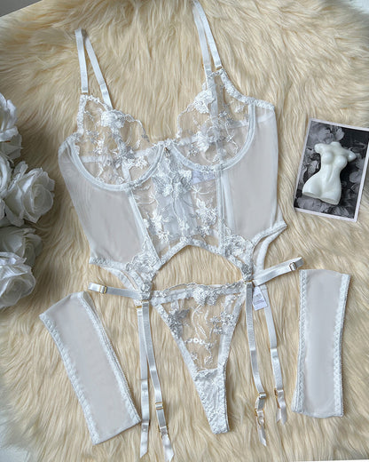 Sexy Mesh Flower Embroidered See-through Suit