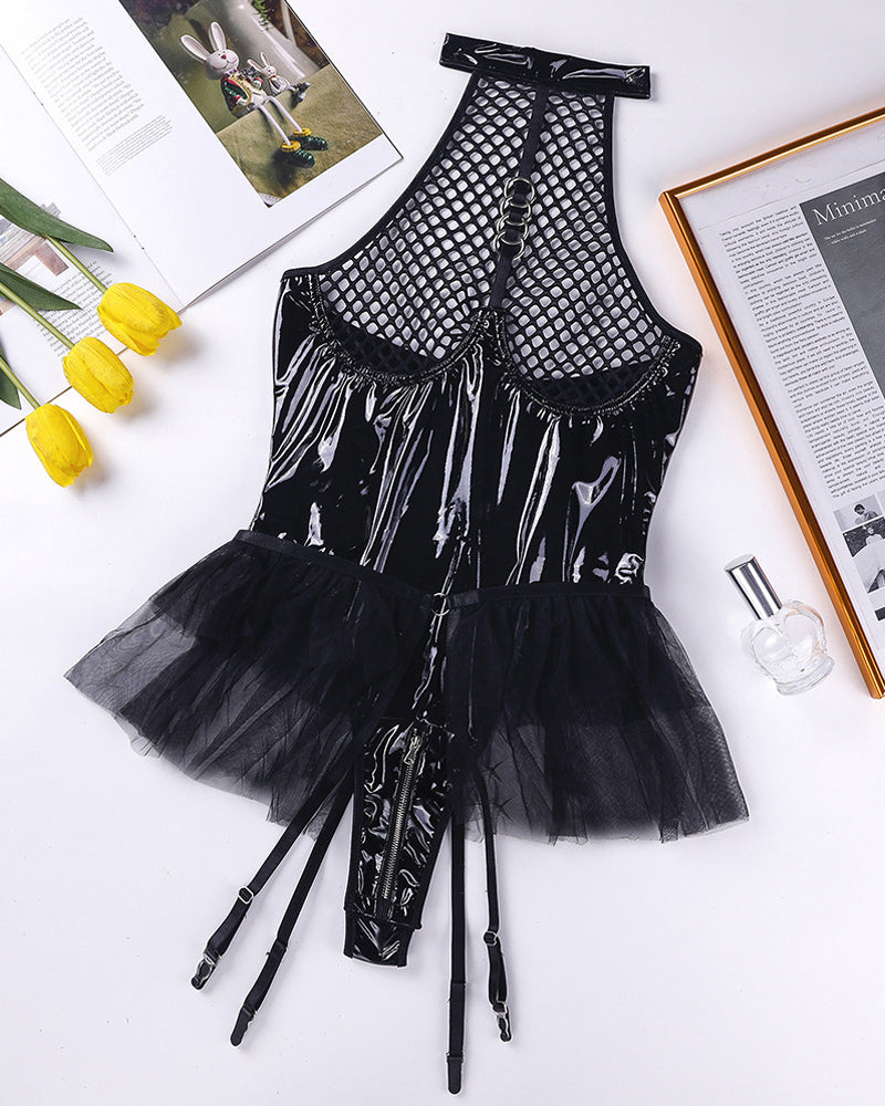 Sexy PU Patent Leather Halter Neck Hollow Mesh Skirt with Crotch Zipper Bodysuit