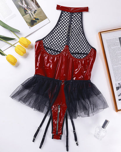 Sexy PU Patent Leather Halter Neck Hollow Mesh Skirt with Crotch Zipper Bodysuit