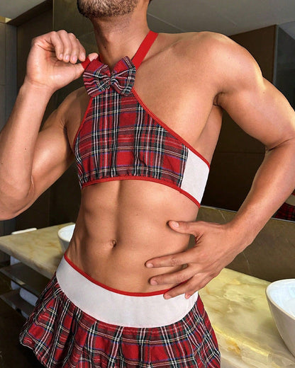 Men's Sexy JK Uniform Plaid Off-the-Shoulder Vest and Pleated Skirt Set