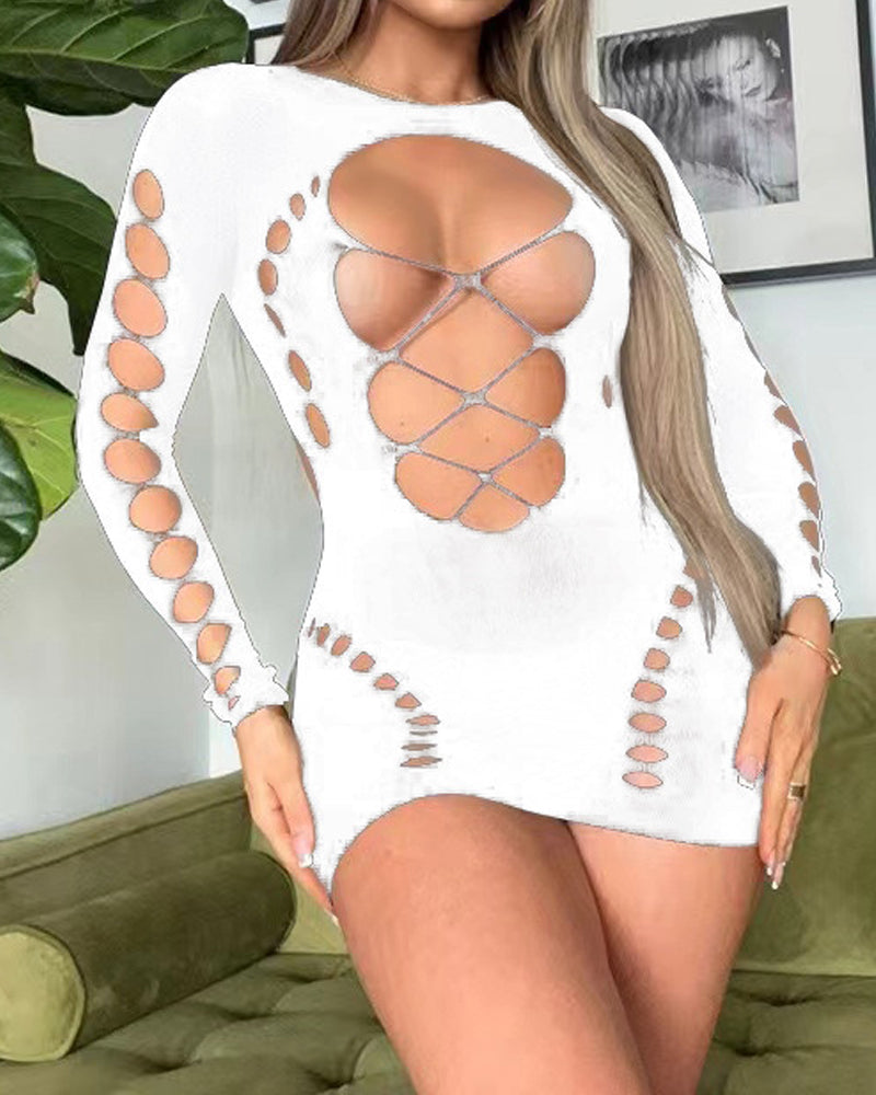 Sexy Fishnet Long-sleeved Backless Hollow Stretch Hip Dress