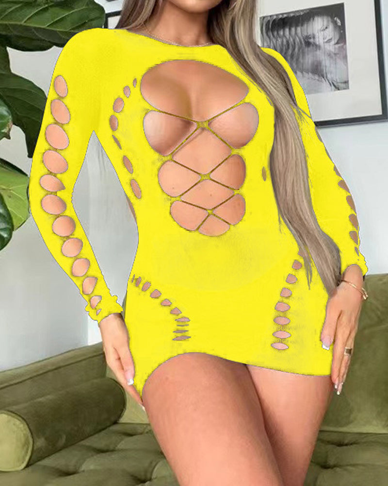 Sexy Fishnet Long-sleeved Backless Hollow Stretch Hip Dress
